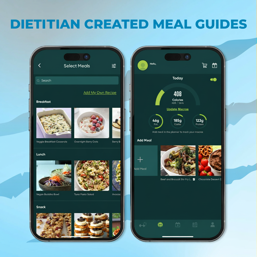 Fierce Fitness app displaying dietitian-created meal guides and macro tracking on two phones