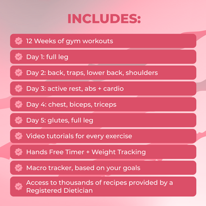 List of Body & Soul Sculpt features: 12 weeks of workouts, video tutorials, timer, tracking tools, and dietitian recipes