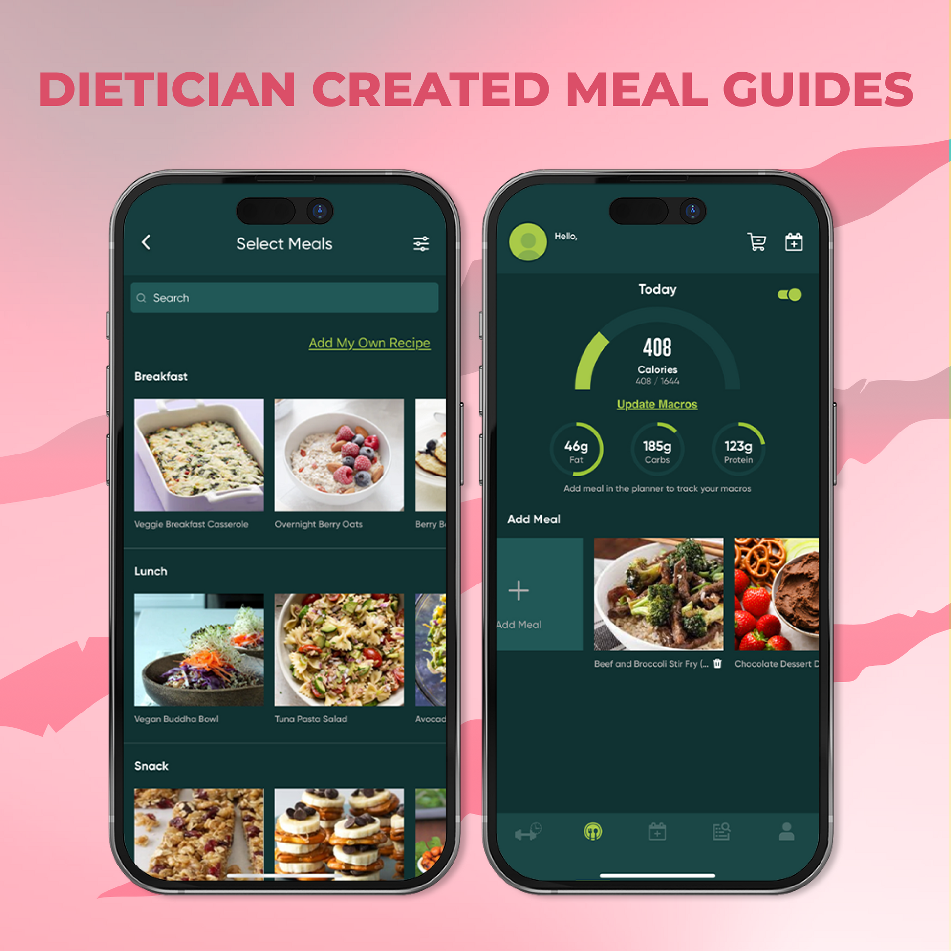 Fierce Fitness app on two phones displaying meal guides