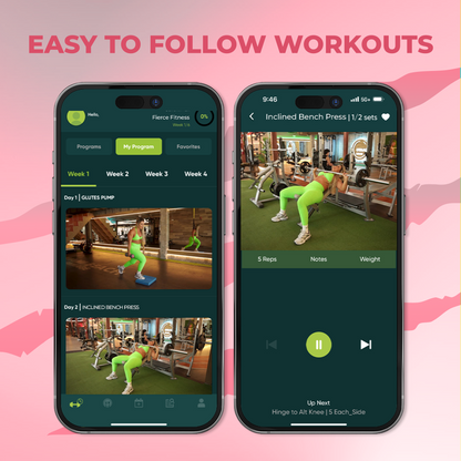 Fierce Fitness app on two phones displaying guided workout videos and exercise tracking