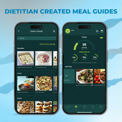 Fierce Fitness app displaying dietitian-created meal guides and macro tracking on two phones