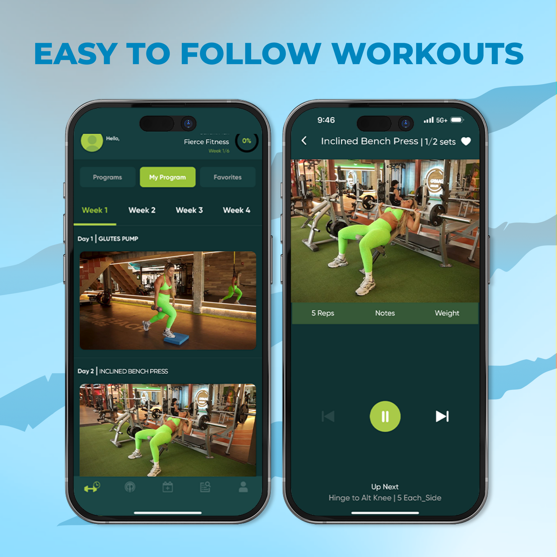 Fierce Fitness app on two phones displaying guided workout videos and exercise tracking