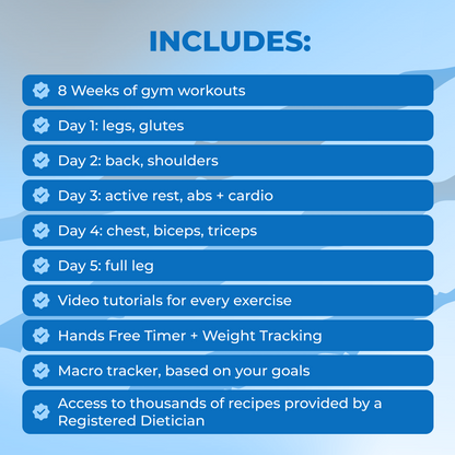 List of Peak and Glutes: 8 weeks of workouts, video tutorials, timer, tracking tools, and dietitian recipes
