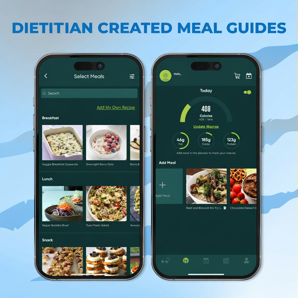 Fierce Fitness app displaying dietitian-created meal guides and macro tracking on two phones