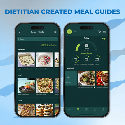 Fierce Fitness app displaying dietitian-created meal guides and macro tracking on two phones