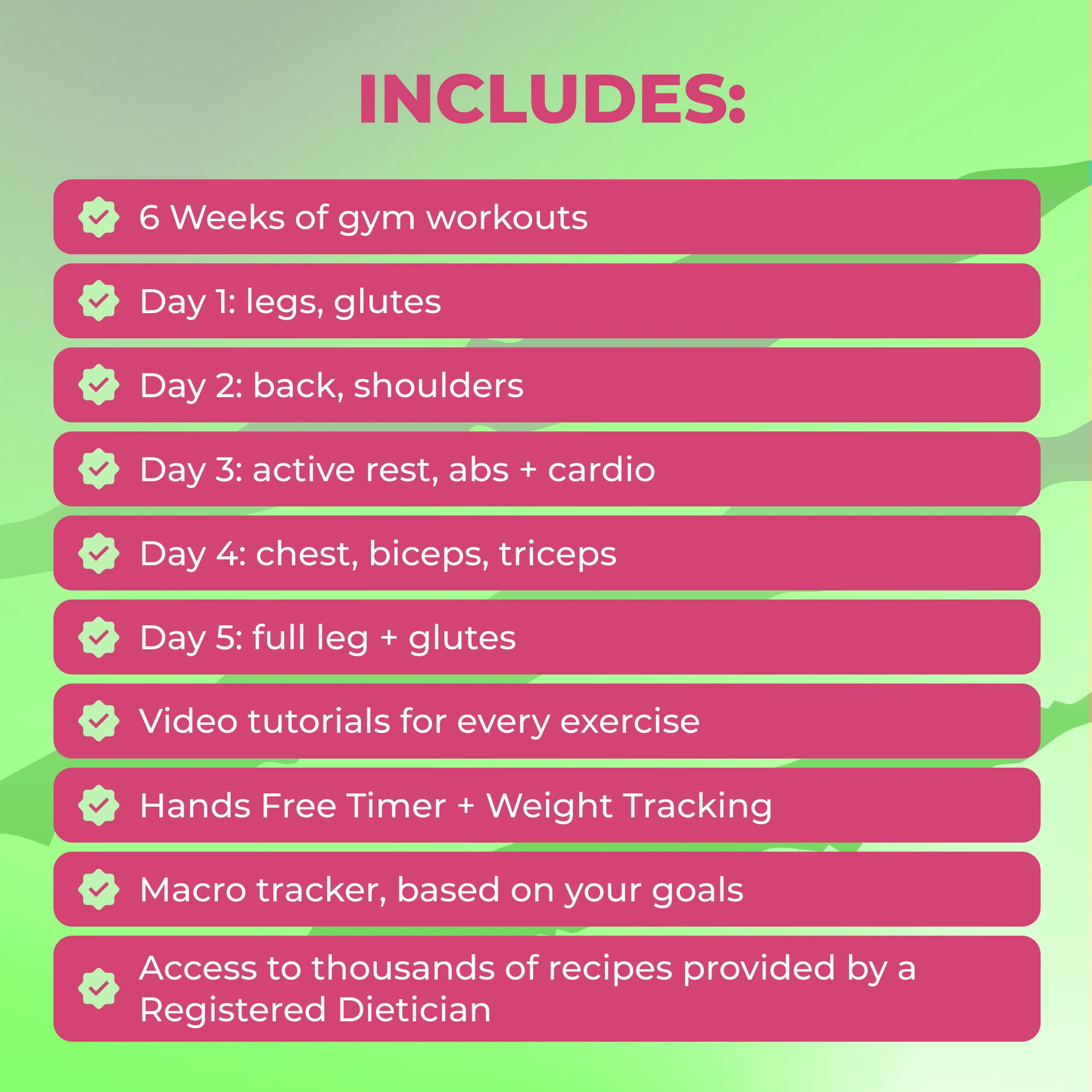 Shred + Gains: 6 weeks of workouts, video tutorials, timer, tracking tools, and dietitian recipes