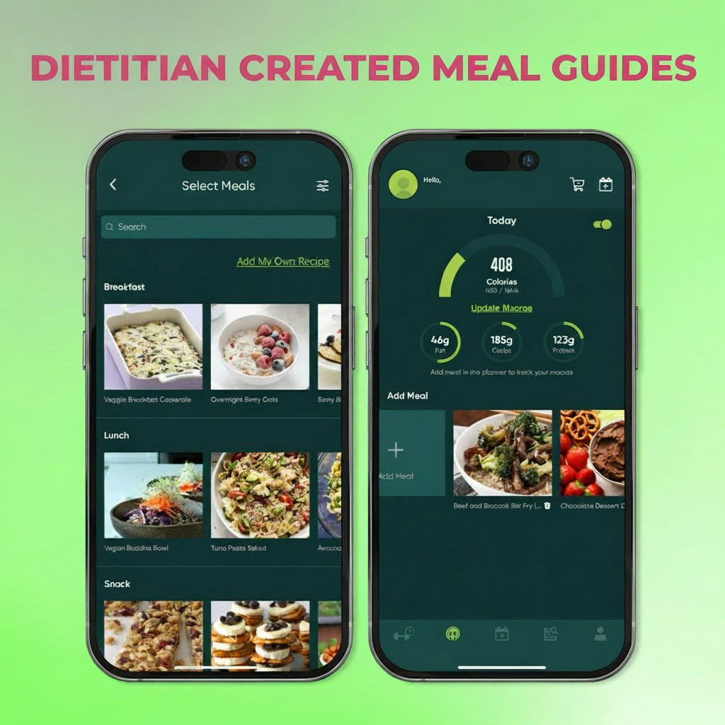 Fierce Fitness app displaying dietitian-created meal guides and macro tracking on two phones