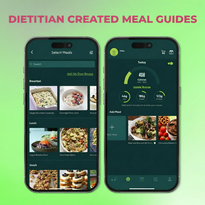 Fierce Fitness app displaying dietitian-created meal guides and macro tracking on two phones