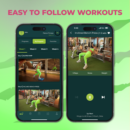 Fierce Fitness app on two phones displaying guided workout videos and exercise tracking