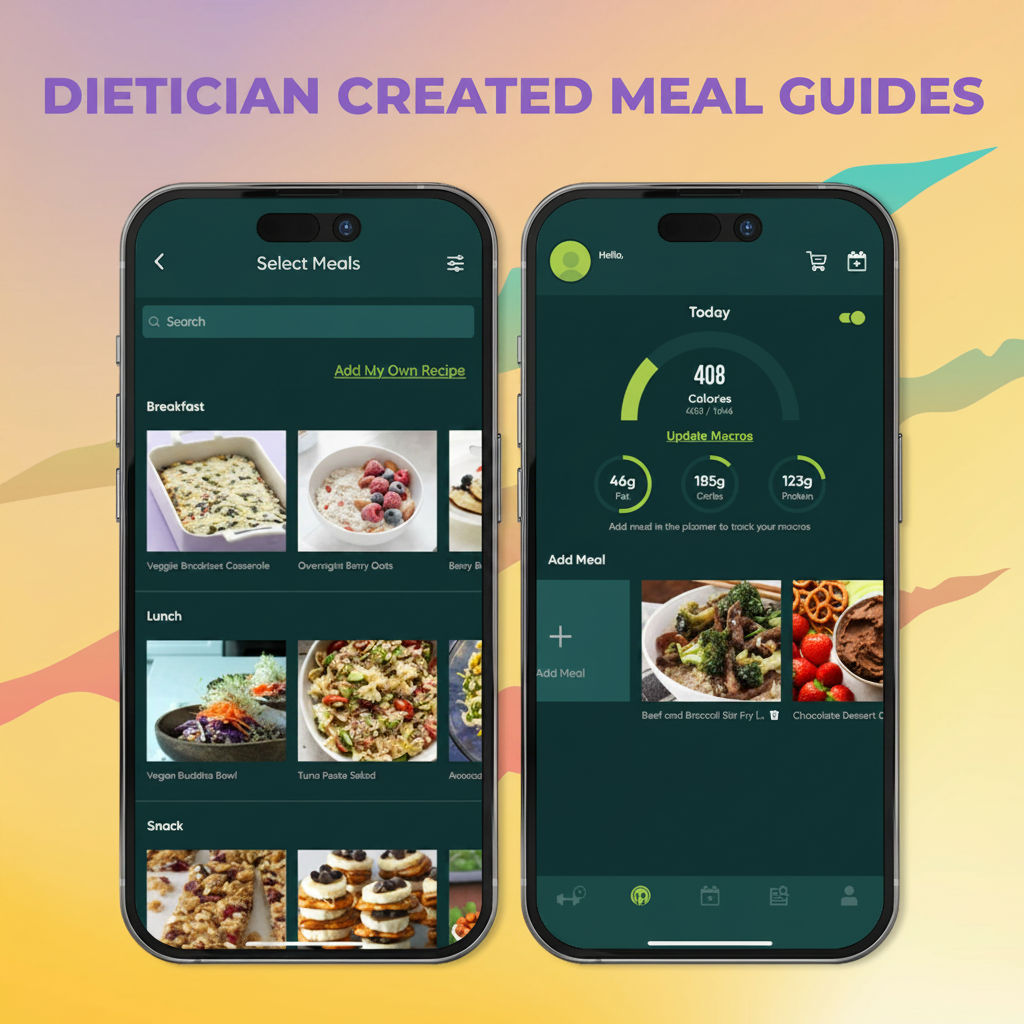 Fierce Fitness app on two phones displaying dietician created meal guides