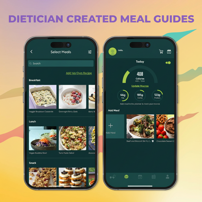 Fierce Fitness app on two phones displaying dietician created meal guides
