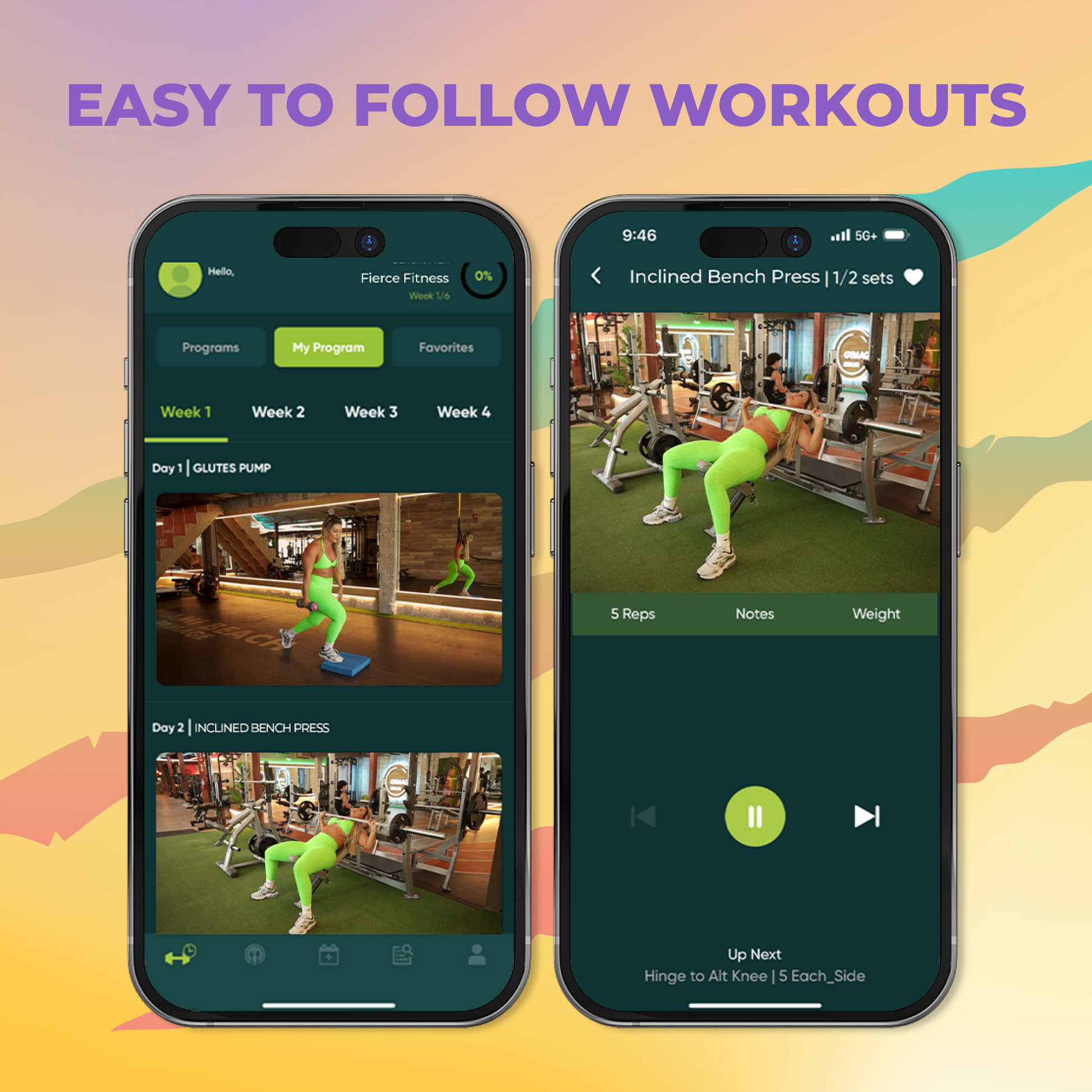 Fierce Fitness app on two phones displaying guided workout videos and exercise tracking
