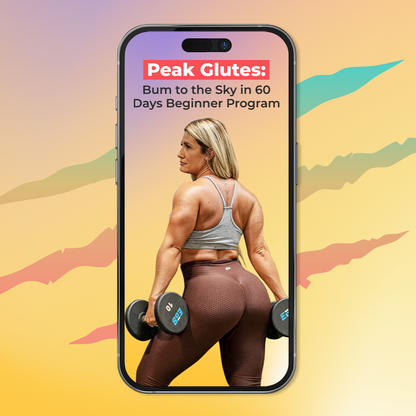 A smartphone displaying a fitness app interface with a woman's workout routine, promoting the 'Peak Glutes: Bum to the Sky in 60 Days Beginner Program'.