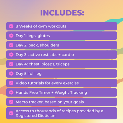 Peak Glutes beginner program includes 8 weeks of gym workouts, video tutorials, hands-free timer, weight and macro tracking, and dietitian recipes
